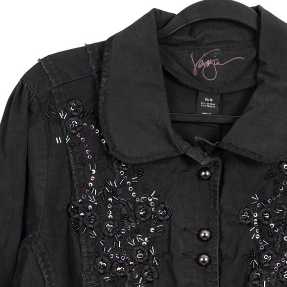 Venezia Embellished Jacket 14 16 Womens Button Up Black Fashion Rough Hem Sequin - Picture 2 of 5